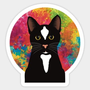 The cute and alert black and white tuxedo cat is waiting and watching you , colorful  background Sticker